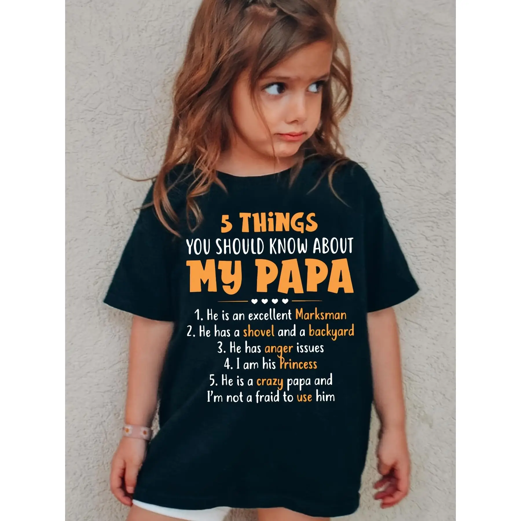 Girls' "5 Things You Should Know About My Papa" Graphic T-Shirt - Comfortable Cotton, Round Neck, Short Sleeve - Ideal for Summer