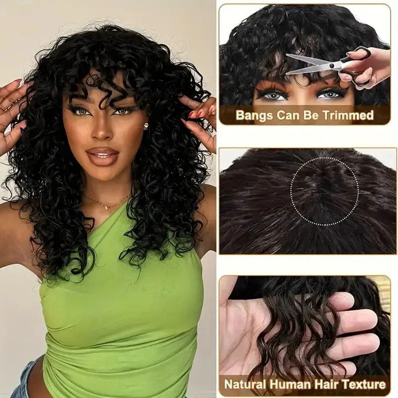 Curly Wig with Bangs for Women, 16 Inch Natural Black Curly  display picture 1