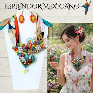 Mexican Artisan Handmade Beaded Scarf Necklace Set with Hand painted butterfly ceramic heart/Made in Mexico/Handkerchief/Corbatero Mariposa