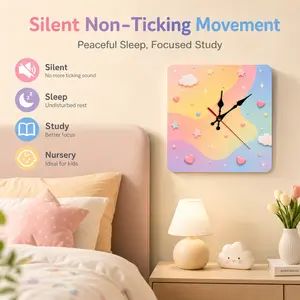 Cute Square Wall Clock for Kids Room, Silent Non-Ticking Decorative Analog Wall Clock with Rainbow, Hearts, Flowers and Smiley Face, Battery Operated Bedroom Clock