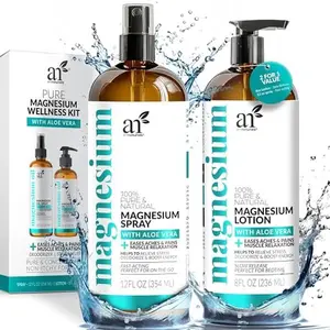 ArtNaturals Magnesium Oil Spray 12 oz + Body Massage Lotion Set 8oz for Feet & Sleep - Extra Strength Cream Ultra-Pure, Relief & Relaxation, Muscle Health Leg & Joint Care Topical Non Itch
