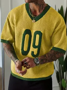 Men's Summer Sporty Knitwear, V-Neck Breathable Mesh Digital Design, Brazilian Style 2026 New Football Top, Loose-Fitting Apparel