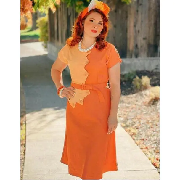 Women's 1940s Vintage Dress, Geometric Sawtooth Colorblock Gabardine A-Line with Short Raglan Sleeves and Belt, 2X, Side Zip, Short Sleeve, Clothes, Copper Belt, Casual, Belted