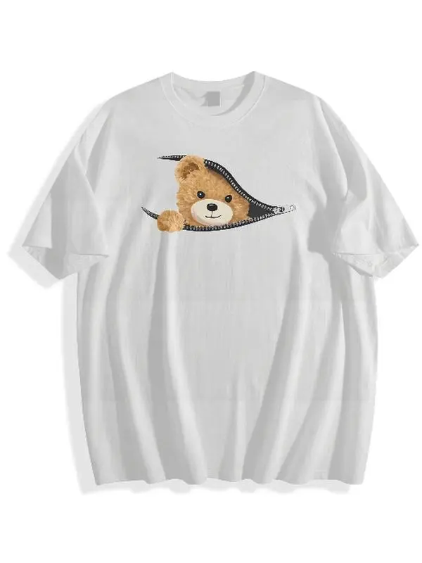 Loose Crew Neck T-Shirt, Cute Peeking Teddy Bear Creative Zipper Illusion Graphic Short Sleeve Casual Daily Tee