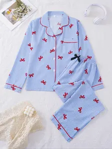 Women's Sleepwear Pajama Loungewear Set, New Striped Bow Print Lapel Long Sleeve Fitted, Comfortable Fashion Design, Ideal for Daily Wear, Homewear