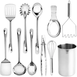 Kitchen Utensil Set -  Nonstick & Heat Resistant Kitchen Gadgets, Turner, Spaghetti Server, Serving Spoons, Whisk, Tongs, Masher & Utensil Holder, 10- Stainless Steel