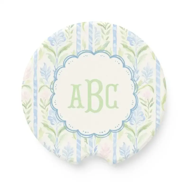 Grandmillennial Monogram Car Coaster | Personalized Ceramic Coaster | Custom Initials | Preppy Car Decor