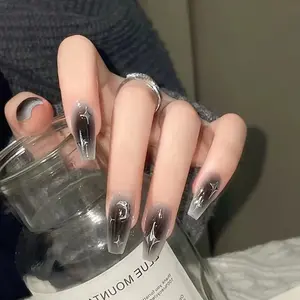 Household daily necessities Grey Black French Tip Star Moon Press On Nails Medium Length Glossy Gradient Full Cover Blush Black Artificial Acrylic Silver Glue On Nails for Women Girls 24pcs