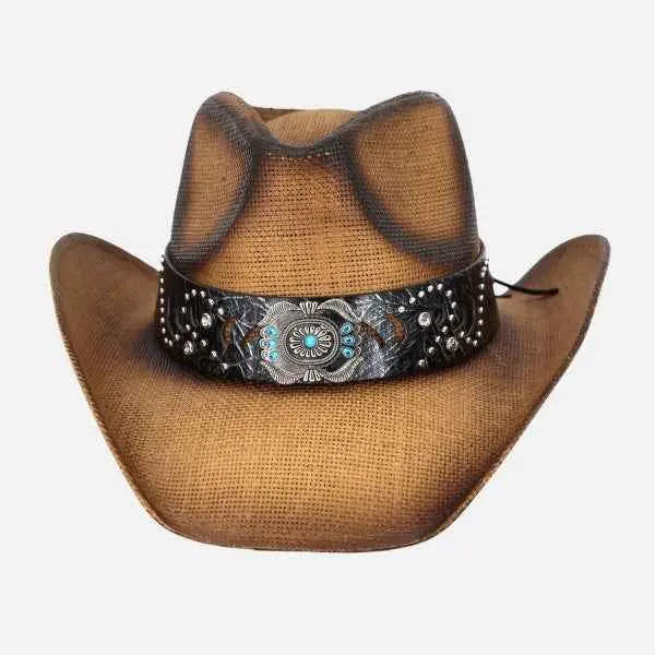 7203266 Vintage Straw Cowboy Hat With Turquoise Gem Flower Concho Band