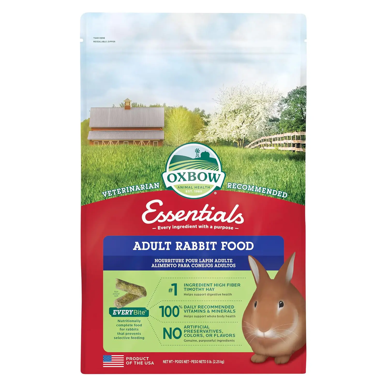 Oxbow Essentials Adult Rabbit Food, Timothy Hay Rabbit Pellets, USA, 5 lb
