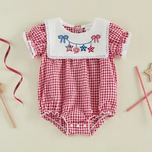 Imcute Infant Baby Girl 4th of July Romper Plaid Print Bow Fireworks Embroidery Short Sleeve Onesie Bodysuit 0-18 Months
