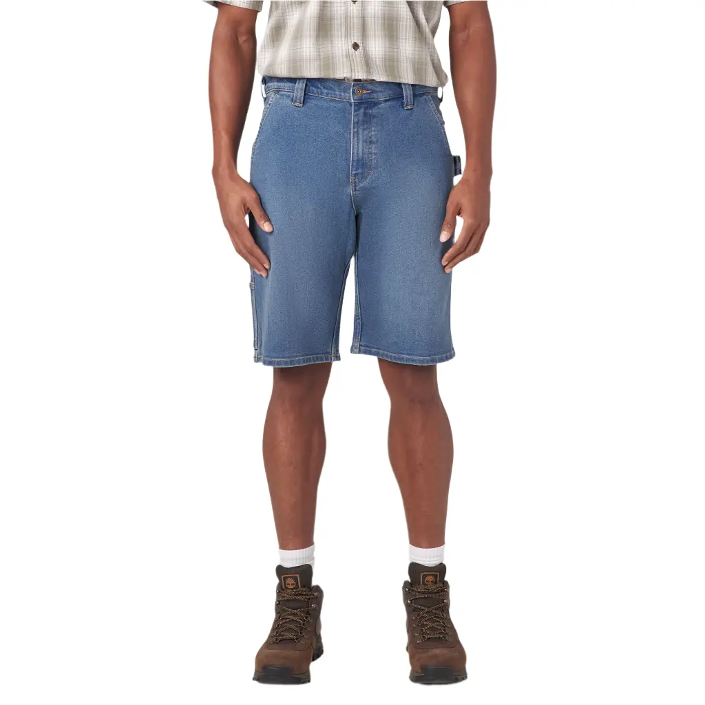 Dickies Men's 11" Mid-Waist Loose-Fitting Knee-Length Workwear Utility Shorts, Light Wash Stretch Denim with Reinforced Guards and Multiple Pockets, Short Length Men's Jeans