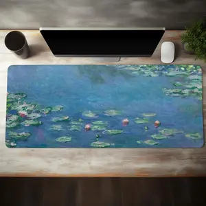 Lotus Pond Oil Painting Pattern Large Gaming Mouse Pad, Non Slip Computer Keyboard Pad, Rubber Base Stitched Edge Mouse Pad, Desk Mat For Game Home Office And Gift