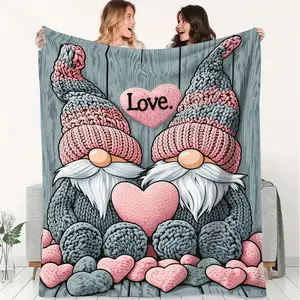 Cozy and Comforting Flannel Throw Blanket, Pink and Gray Knitted Gnome and "Love" Lettering Design. Soft Decorative Blanket, Perfect for Home, Camping, Travel, and Keeping Warm In The Office , Perfect Addition to Your Living Room Decor.
