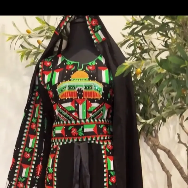 Al-aqsa Beautiful Black Palestinian Thobe with Matching Scarf Soft Breathable Fabric for Comfort and Durability