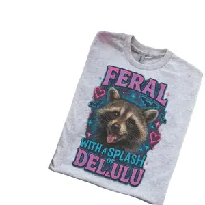 Feral With A Splash Of Delulu Ash Grey T-Shirt - Bleached - Gildan - Unise