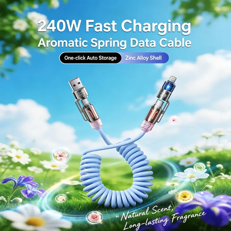 240W 4-in-1 Coiled Charging Cable 2M Retractable, 6.6FT Fast Charging Spring Cord with RGB Light and Fresh Scent, Multi-Connector USB C to Lightning/USB A to Type C Cable for iPhone 18 17 16 15 14, MacBook Pro/Air, iPad usb type Alloy Android