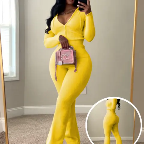 USBoutique Chic 2pcs Sweatsuit for Women-Yellow Zip-Up Hoodie with Pockets & Flare Yoga Pants, Trendy Lounge Set, Casual Fall/Winter Outfit, Athleisure Wear Clothes TopWomenswear