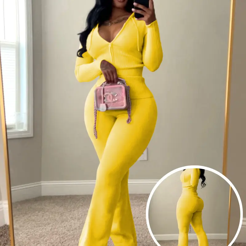 USBoutique Chic 2pcs Sweatsuit for Women-Yellow Zip-Up Hoodie with Pockets & Flare Yoga Pants, Trendy Lounge Set, Casual Fall/Winter Outfit, Athleisure Wear Clothes TopWomenswear
