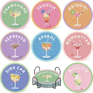 8 Pcs Cocktail Diamond Art Coasters Kit for Adults, Cocktail Diamond Painting Coasters with Holder, 5D Gem Art DIY Crafts Diamond Dots for Gift Life