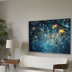 Charming Firefly Forest Wall Tapestry with Glowing Lanterns & Lush Green Plants on Dark Blue Background, Perfect for Living Room, Bedroom, Office & Party Decor, Ideal Creative Gift