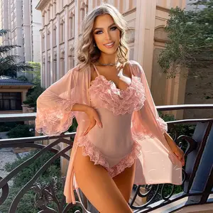 Blush Pink 2-Piece Lingerie Set with Lace Robe and Ruffled Mesh Teddy Romantic Sheer Intimate Wear for Honeymoon Nights