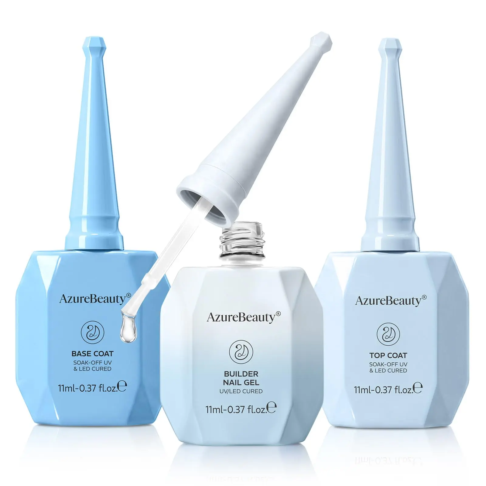 AZUREBEAUTY Builder Nail Gel Kit, 3Pcs Clear Builder Gel with Base Coat and No Wipe Top Coat, UV LED Cured Extension Apex Building Set for Home Salon DIY, 11 mL