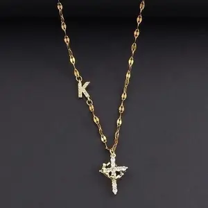 Women's Stainless Steel Necklace with Zirconia Cross Crown Initial Pendant Adjustable 45+5cm Casual Fashion Lip Chain Jewelry for All Seasons
