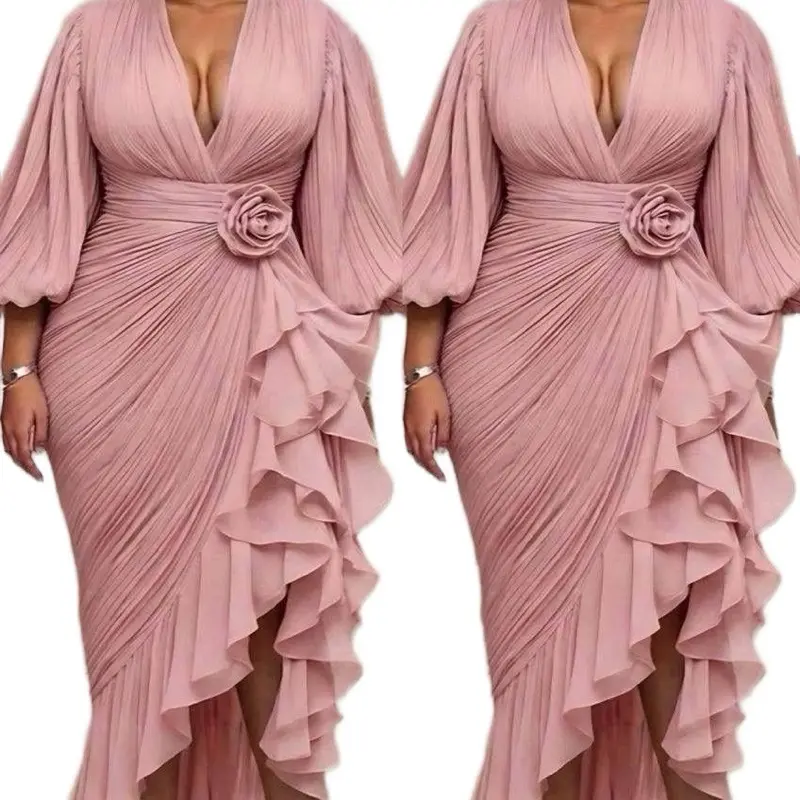 Women’s Elegant Ruffled Long-Sleeve Ruched Maxi Dress for Formal Parties