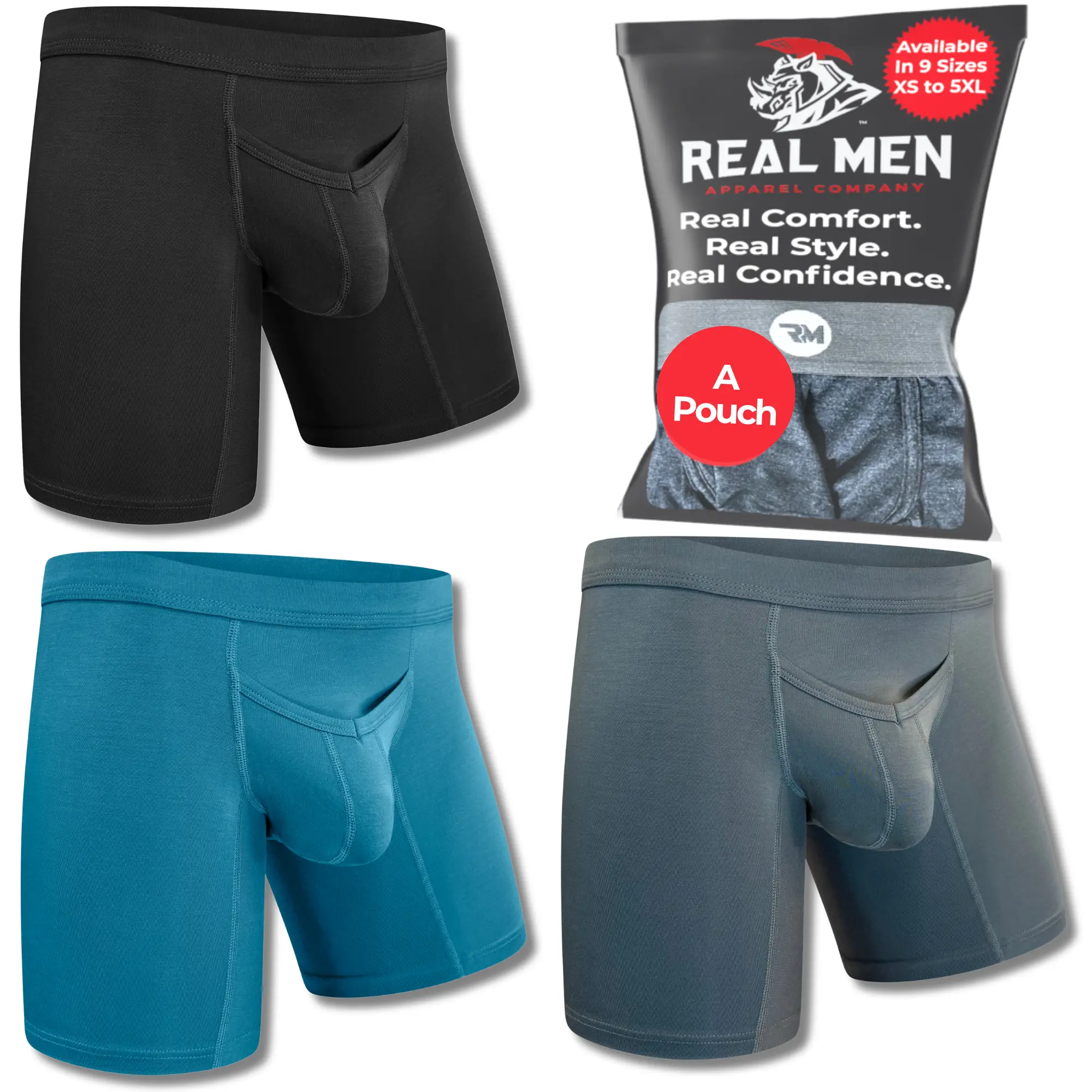 Real Men Modal V-Fly 7 Inch Inseam Cyan Grey Black Pouch Boxer Brief Menswear Mo...