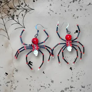 Dangle Spider Earrings Beaded Spider Halloween-Emerald-and Bloody Red & Black -Witch Goth Jewelry Creepy Crawly Beautiful spiders