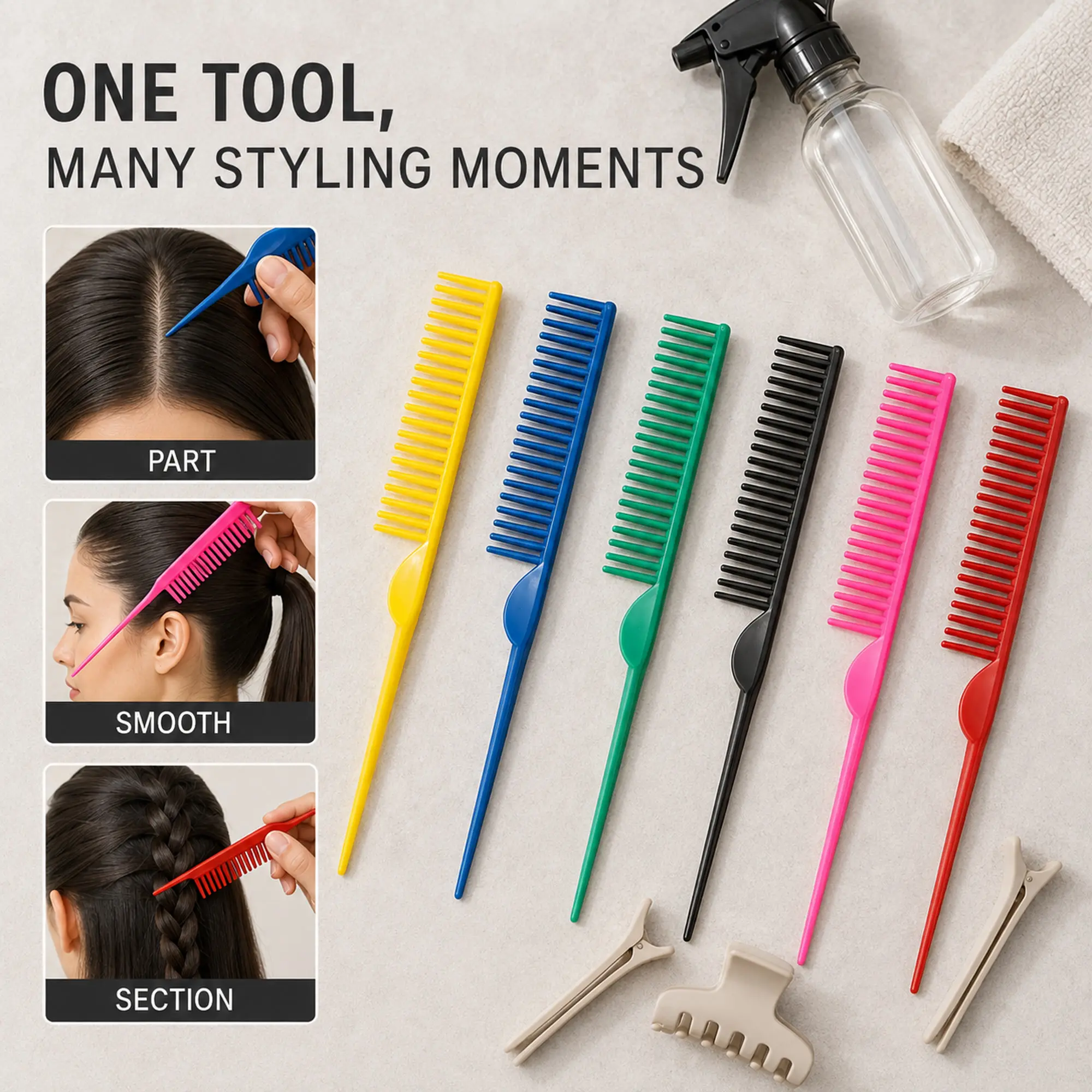 Women's Multi-Functional Grooming Tool Set - Random Color Double-Ended Detangling Comb, Non-Slip Fluffy Styling Tail Comb, Long Hair Beauty Eyebrow Brush, Suitable for All Hair Types