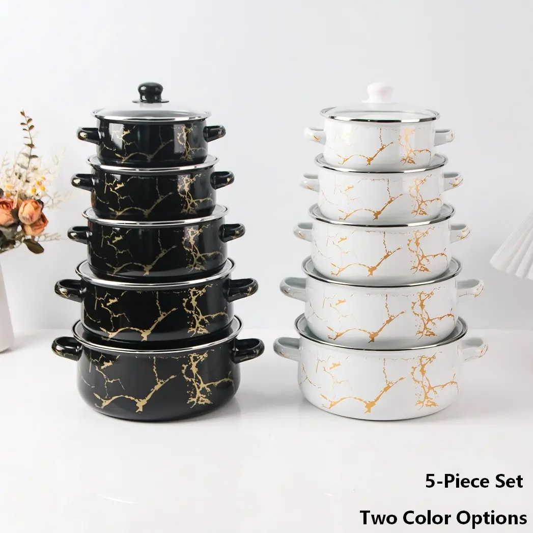 Enamel Cookware Set, 5 Pieces Soup Pot with Lid & Handle, Cooking Pots Set, Durable & Easy to Clean, Ideal for Restaurant, Home Kitchen, Picnic
