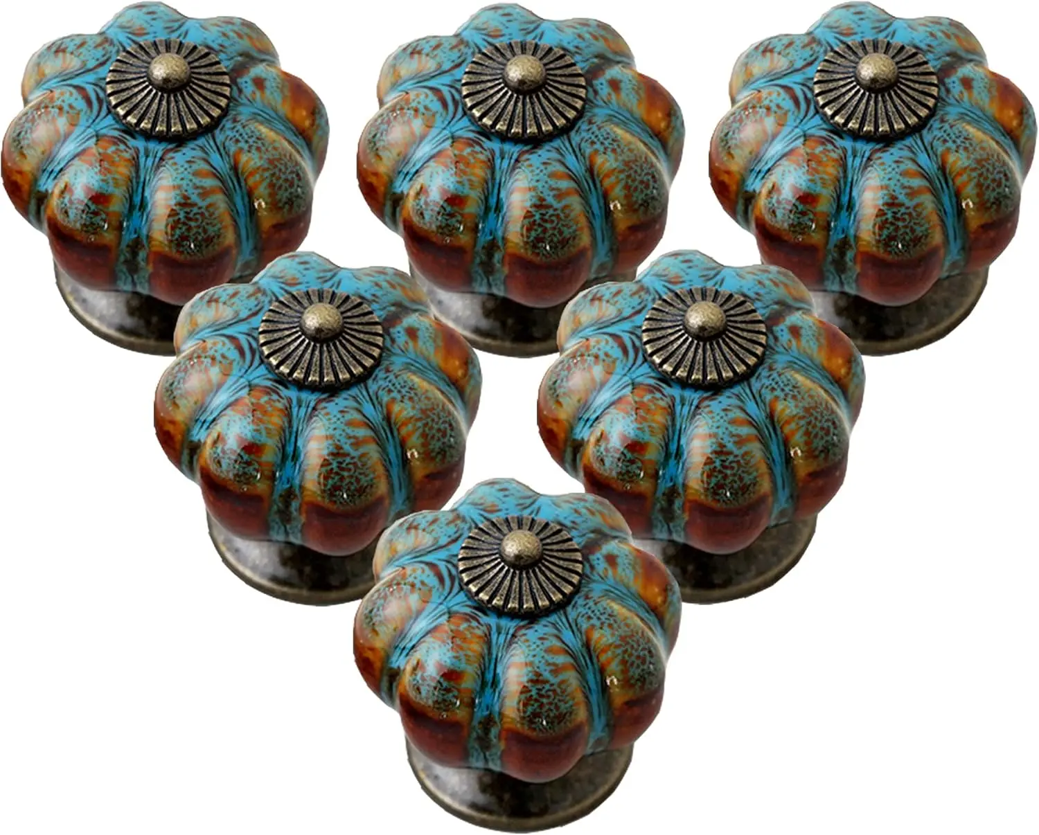 6-Pack Heavy Ceramic Cabinet Knobs, Pumpkin-Shaped Glazed with Gold Adornment Stripes & Antiqued Metal Trim (Knob Diameter: 40 mm, Blue) - Excellent Decorative Indoor Hardware for Drawers, Cupboards