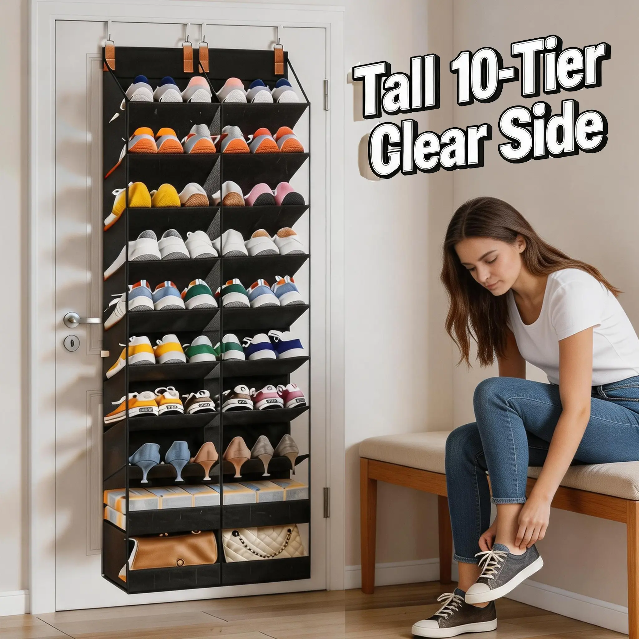 Tall Clear Side Door Shoe Rack Organizer, 20-30 Pairs, 10-Tier 20 Deep Pockets, Hanging Shoe Storage for Closet, Door Shoes Rack, Handing Shoes Holder Fit All the Family's Sneakers, Boots, Heels, Space Saving, Door Hanging Shoe Organizer, Extra Stuff