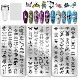 3pcs Insects Nail Stamping Plates Fish Nail Art Templates Beetle Snails Nails Art Stencils Butterfly Nails Stamper Winged Creatures Manicure Image Plates for Women DIY Manicures Salon
