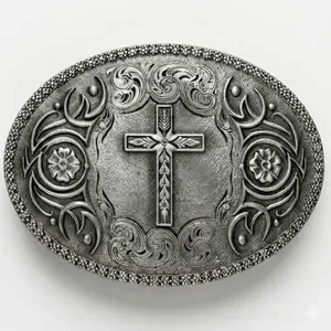 Oval Western Heritage Engraved Metal Cross Belt Buckle - Antique Silver Floral Filigree, Faith-Based Hook Accessory - Unisex Religious Christian Cowboy Cowgirl Belt Buckle