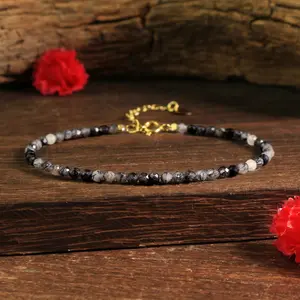 Natural Dainty Black Tourmaline Rutilated Quartz Tiny Beads Healing Charka Crystal Gold-Plated Chain Minimalist Bracelet Gift for Women