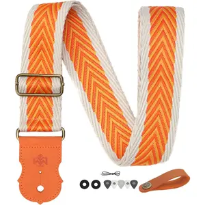 Guitar Strap - Double Layer Brushed Real Cowhide Ends,Safe Durable,2in,Soft Adjustable Guitar Straps for Acoustic&Electric Guitars,Bass,Ukulele,Guitarists  Set,Speed Orange Embroidery