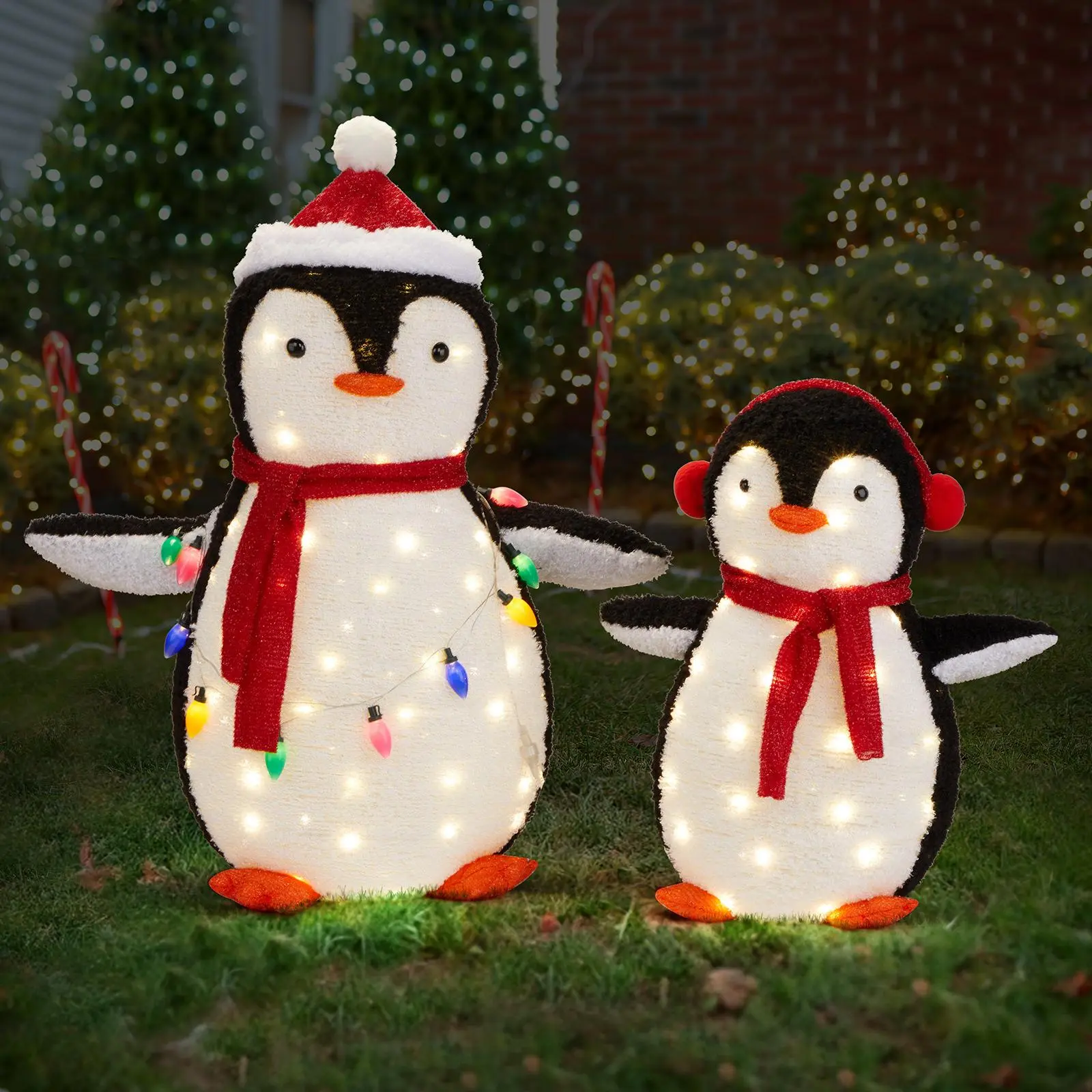 2-Piece Lighted Plush Penguin Christmas Decoration Ornaments - Pre-lit Pull-Up Design with 150 Warm White LEDs, Multi-Color Light String, Stakes (Indoor/Outdoor Room Decorations)