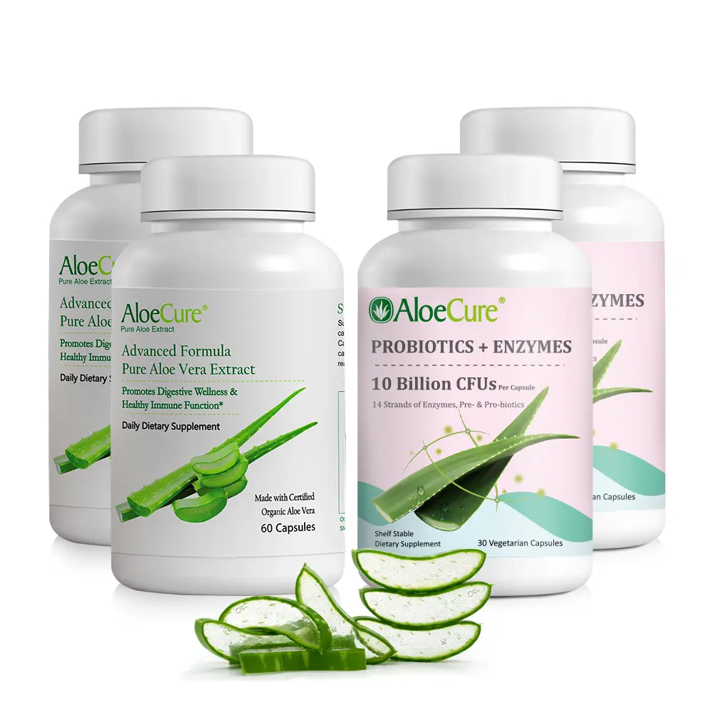 AloeCure Organic Aloe Vera Capsules Pack - 4 Pieces - 2 x Aloe Vera Capsules, 2 x Probiotics + Enzymes