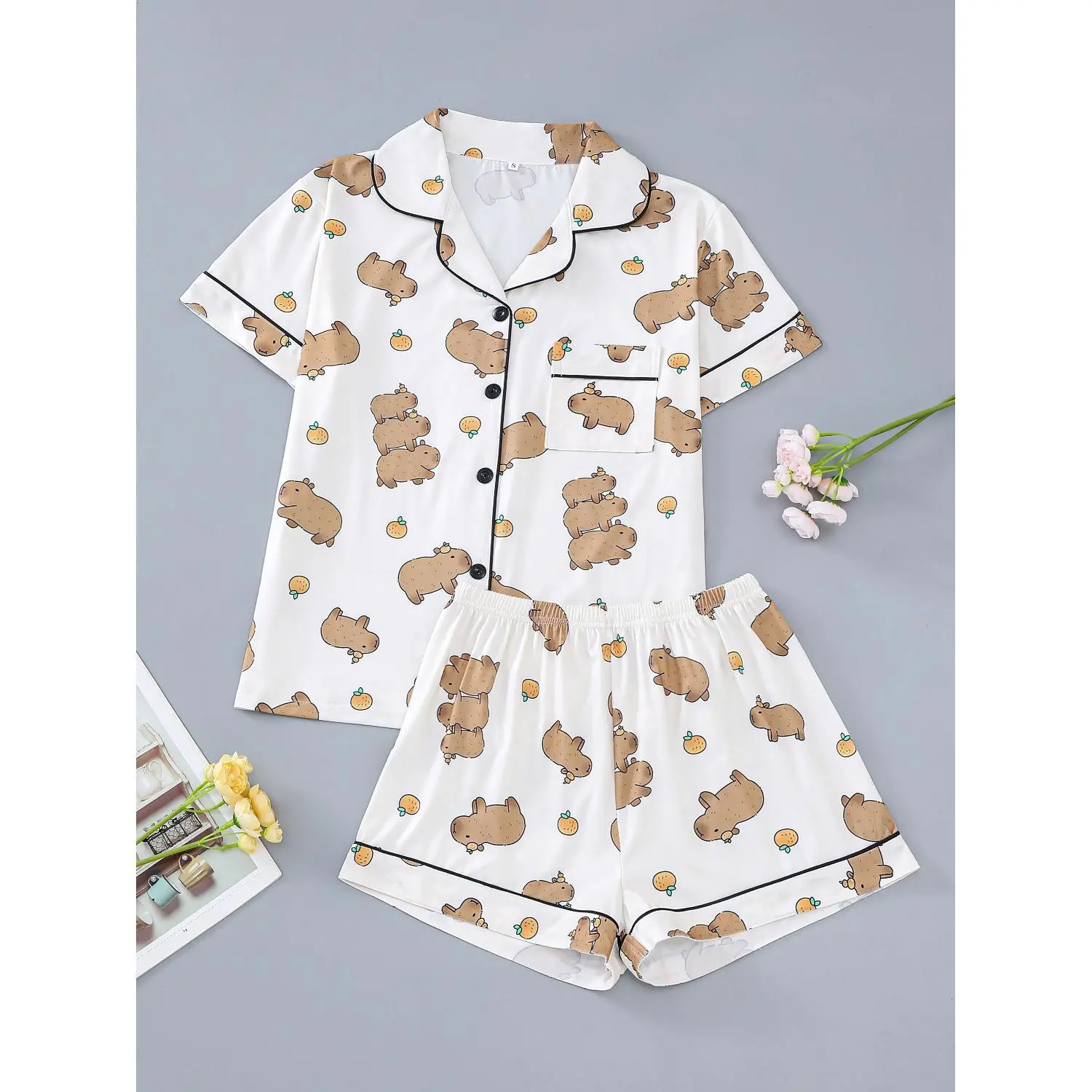 2-Piece Women's Pajama Set, Adorable Capybara Print, Short Sleeve Button-Up Top and Relaxed Elastic Shorts, Stylish Casual Sleepwear