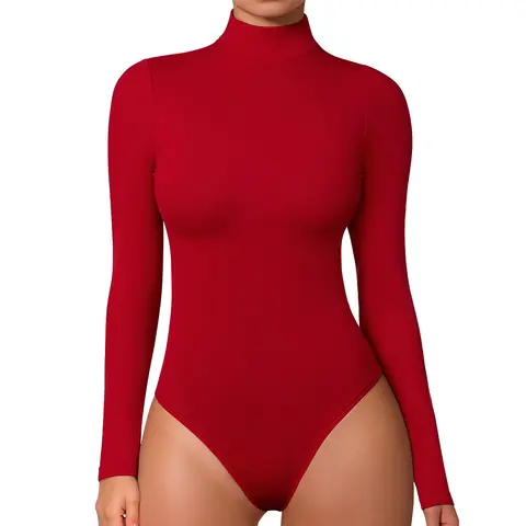 OYV Women's Mock Turtle Neck Long Sleeve Tops Bodysuit Jumpsuit