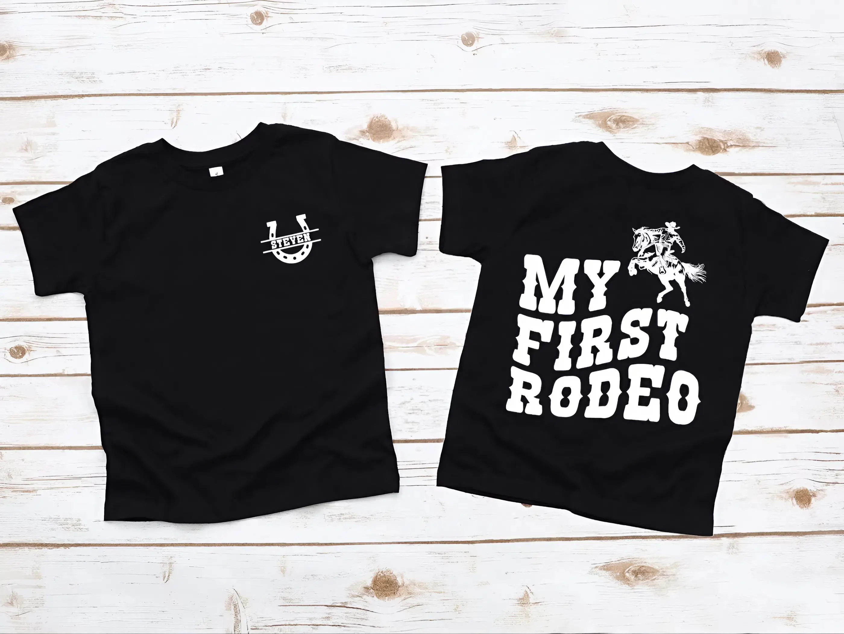 Personalized Vintage-Inspired Western Cowboy 2-sided T-Shirt, My First Rodeo Birthday Tee, Western Cowboy tee, Custom Name