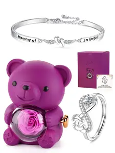Angel Bracelet & Ring Set, Stainless Steel, Adjustable Angel Wing Bracelet & 'Infinite Promise' Ring, Presented in a Gift Box with Everlasting Rose & Teddy Bear. A Memorial Gift, for Loss of a Child or Loved One; a Mother's Day Gift for Mom