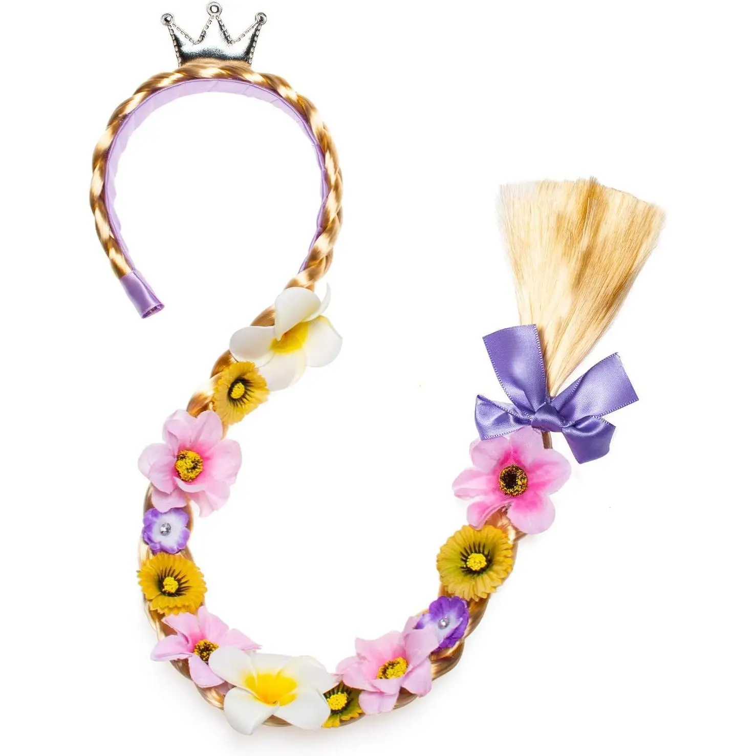 Girls' Polyester Long Princess Hairpiece - 20in Golden Braid Headband with Floral Accents, No-Need-Clips, 3-12 Years, Dress-Up Games & Festival Parties Accessory, One Size Classic Hairstyle Piece