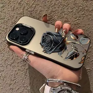 Black Golden Rose Case For iPhone 16 15 14 13 12 11 Promax Plus Pro , Stylish Patterns with a Vibrant Gradient IMD Laser Phone Case,  It's an  Choice for Shock Resistance, Slip Prevention, And Gifting