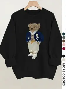 Women's Drop Shoulder Sweatshirt, Bear Print, Comfortable Long Sleeve Round Neck Pullover, Fall & Winter Fashion Casual Outerwear