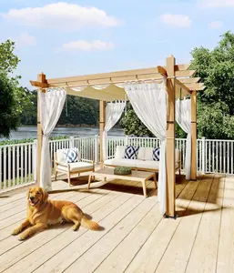 10x10/10x13 Ft Wood-Grain Aluminum Pergola Outdoor Pergola with Retractable Canopy Sun Shade Shelter for Garden, Patio, Backyard, Deck - Beige with Netting