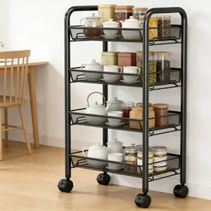 Movable Kitchen Storage Cart | 4-Layer Mesh Shelf Trolley with Wheels | Ideal for Narrow Spaces & Easy to Clean
